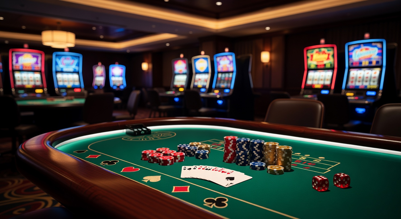 Verschiedene Casino-Spieletische mit Roulette und Blackjack in einem modernen Spielsaal