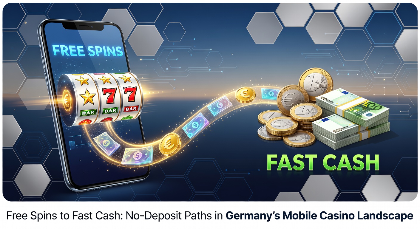 Smartphone mit Mobile-Casino-App, die Free-Spins-Angebote auf dem Bildschirm zeigt, umgeben von deutschen Flaggen und Euro-Symbolen